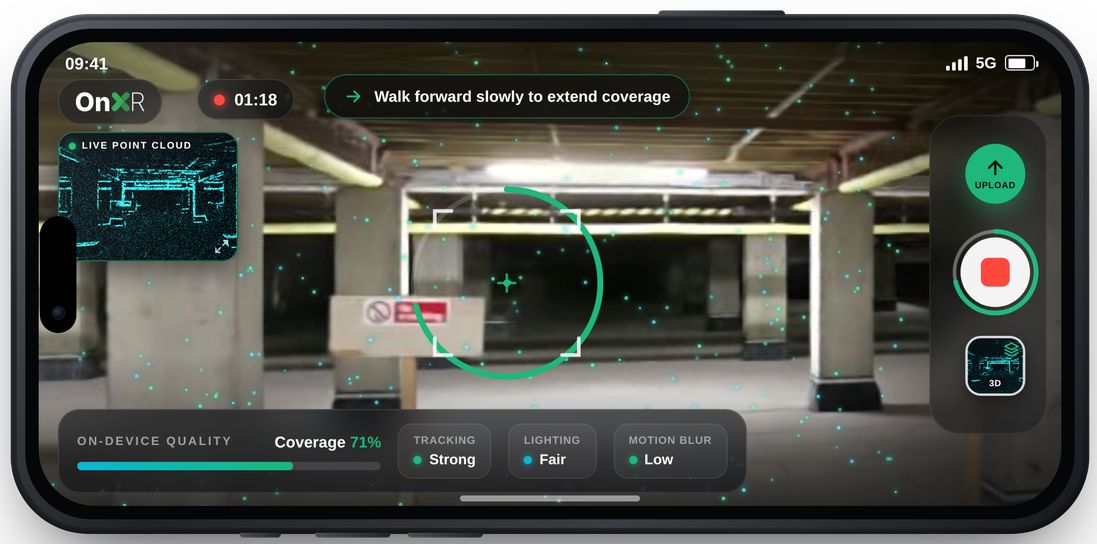 OnXR Capture app, guided iPhone scan with on-device quality scoring