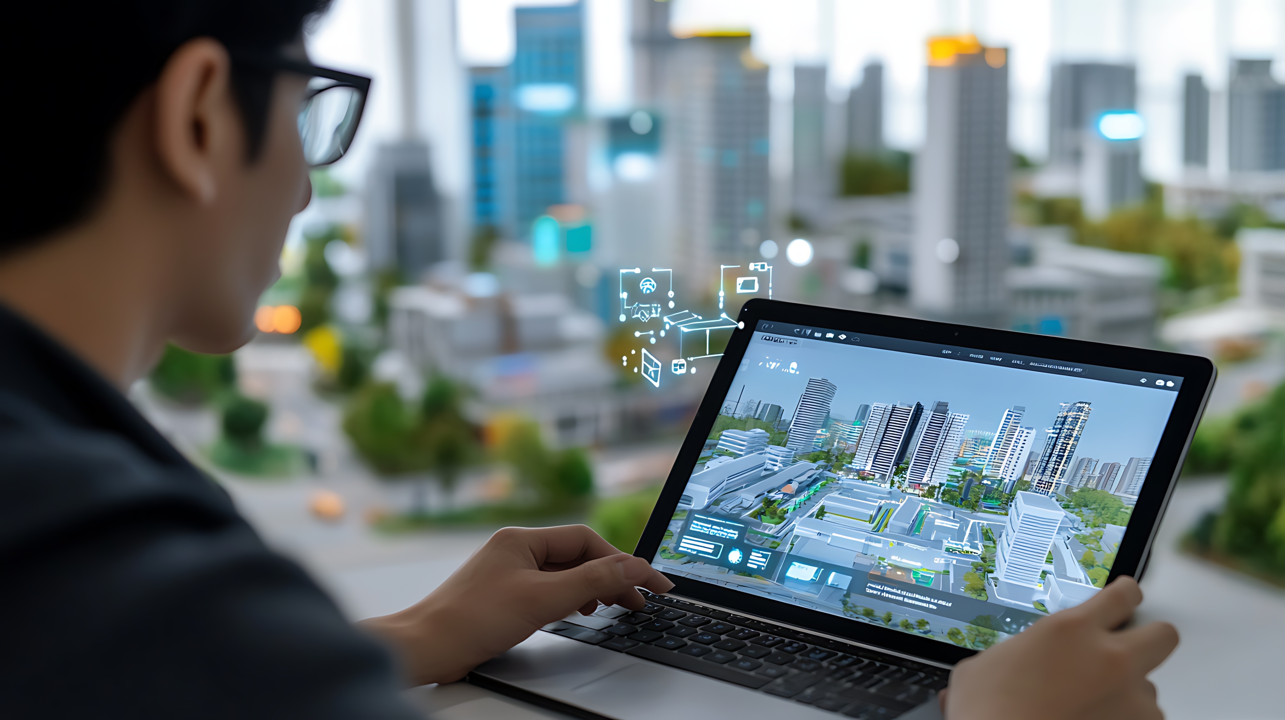 A person reviewing a 3D building model on a laptop during a site review