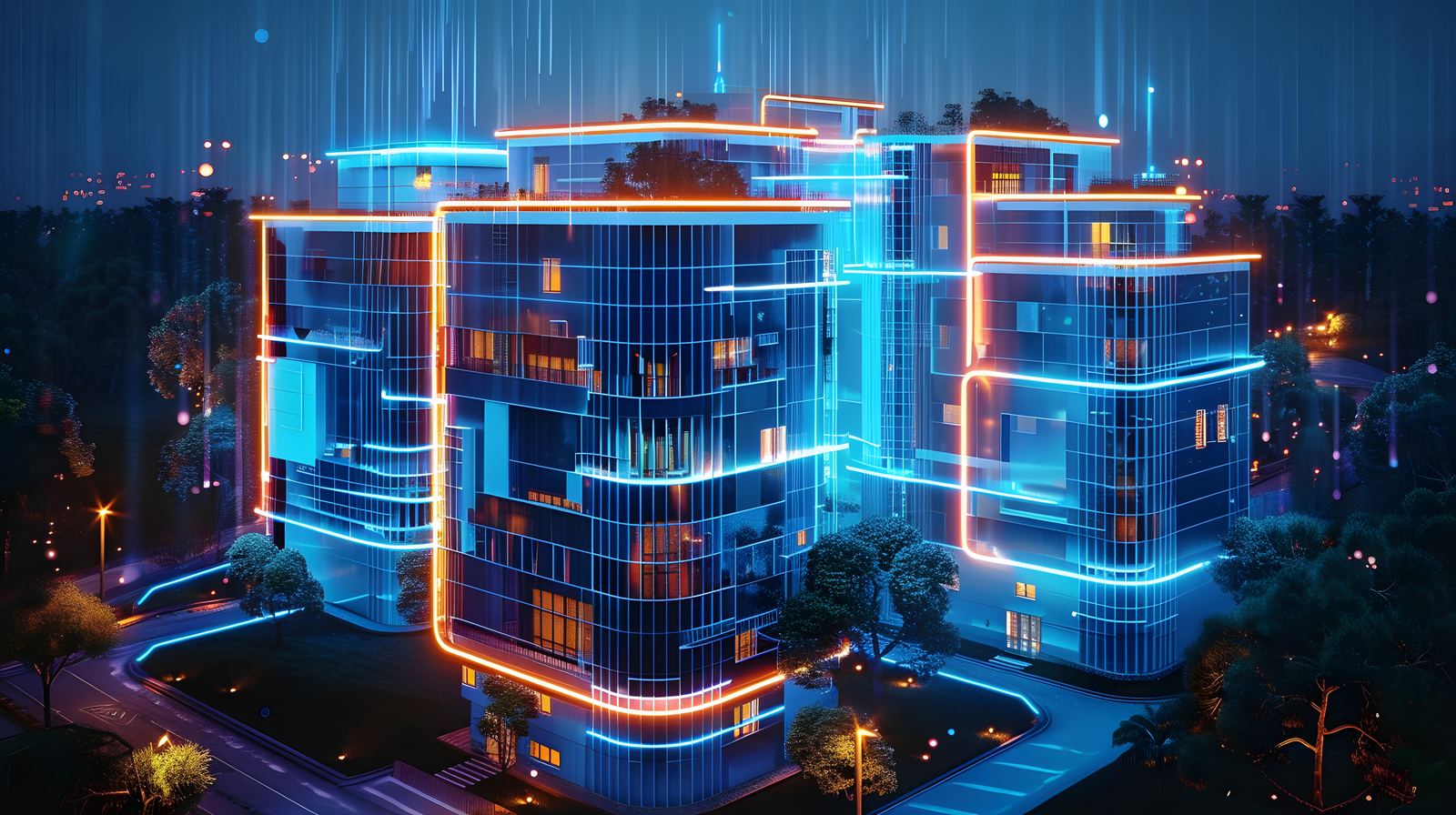 A glowing outline of a secure building at night representing protected data infrastructure